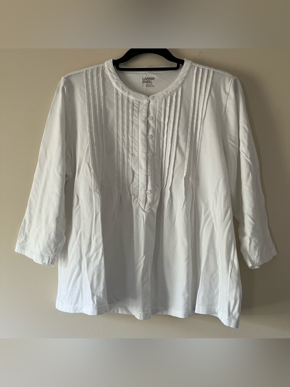 Lands’ End White Pintuck Top with 3/4-Length Sleeves